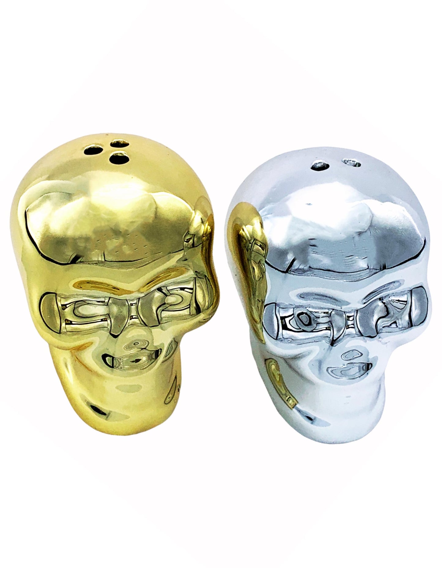 Evenchae Skull Salt & Pepper Shaker Set - Mirrored Silver & Gold - 2.25 in Tall