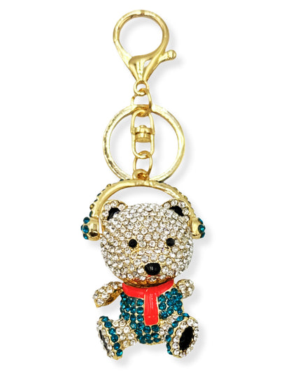 Evenchae Teddy Bear with Headphones Keychain - Rhinestones - Gold-Tone Filigree Back - Drawstring Gift Bag - 5 in Long