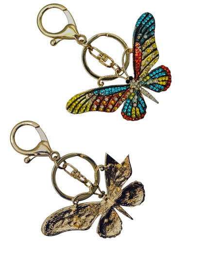 Evenchae Neon Butterfly Keychain - Inlaid with Rhinestones, Drawstring Gift Bag, Gold Solid Back - 3.5 in Long