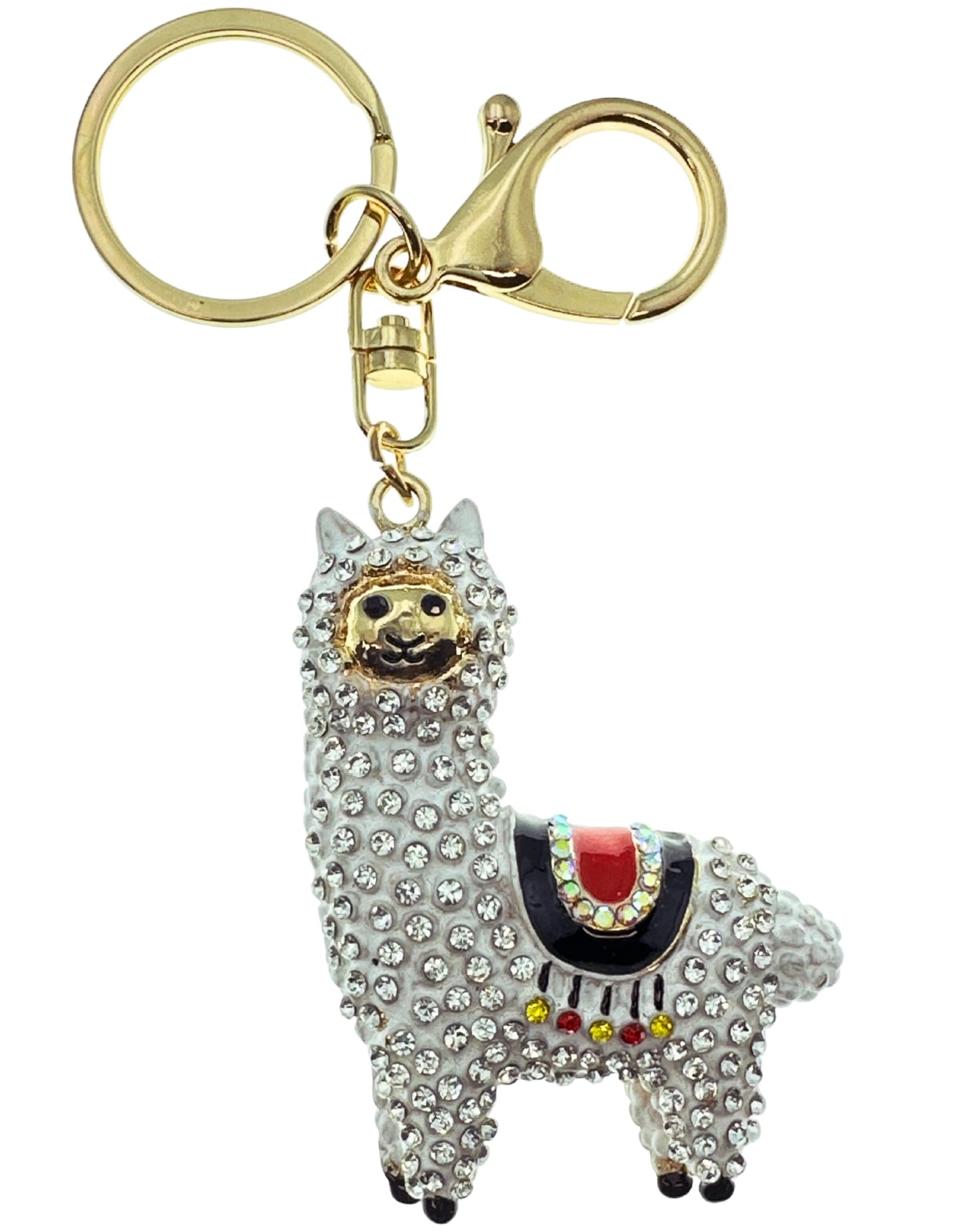 Evenchae Sparkling Llama Keychain - Rhinestones, Gold Filigreed Back, Drawstring Gift Bag - 5" Long Purse Jewelry