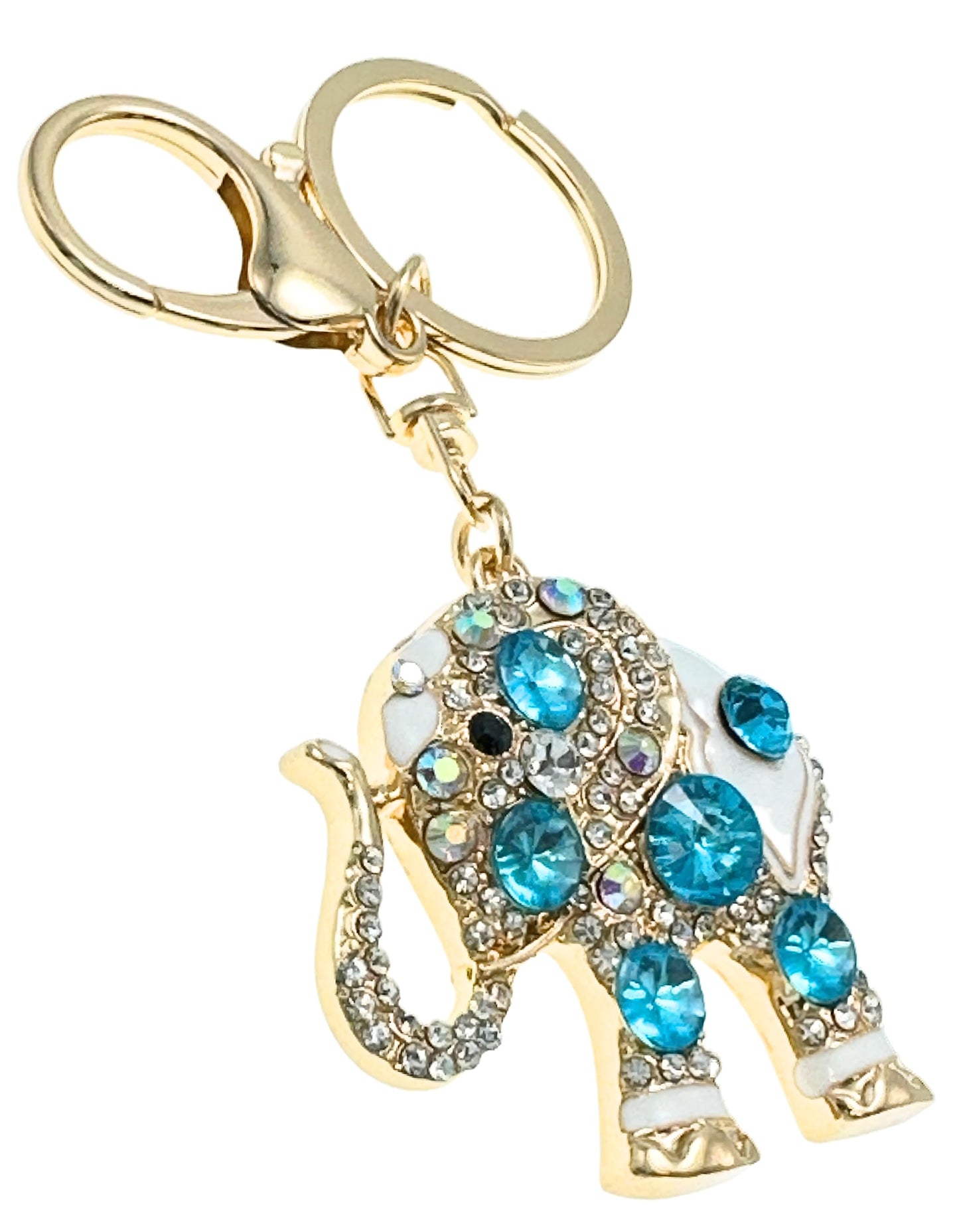 Evenchae Elephant Keychain - Inlaid with Rhinestones - Drawstring Gift Bag - Gold Filigree Back - 4.4 in Long