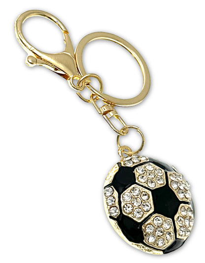 Evenchae Soccer Ball Keychain - Inlaid with Clear Rhinestones, Gold Filigree Back, Drawstring Gift Bag, 4 Inches Long