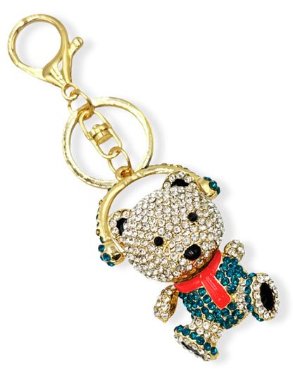 Evenchae Teddy Bear with Headphones Keychain - Rhinestones - Gold-Tone Filigree Back - Drawstring Gift Bag - 5 in Long