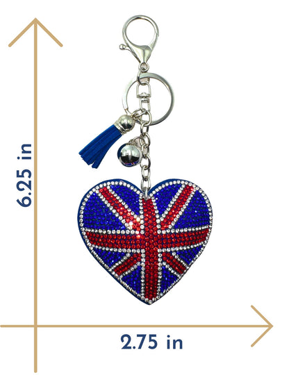 Evenchae British Union Jack Flag Keychain - Rhinestone Heart - Plush Back - Drawstring Gift Bag - 6.25 in Long