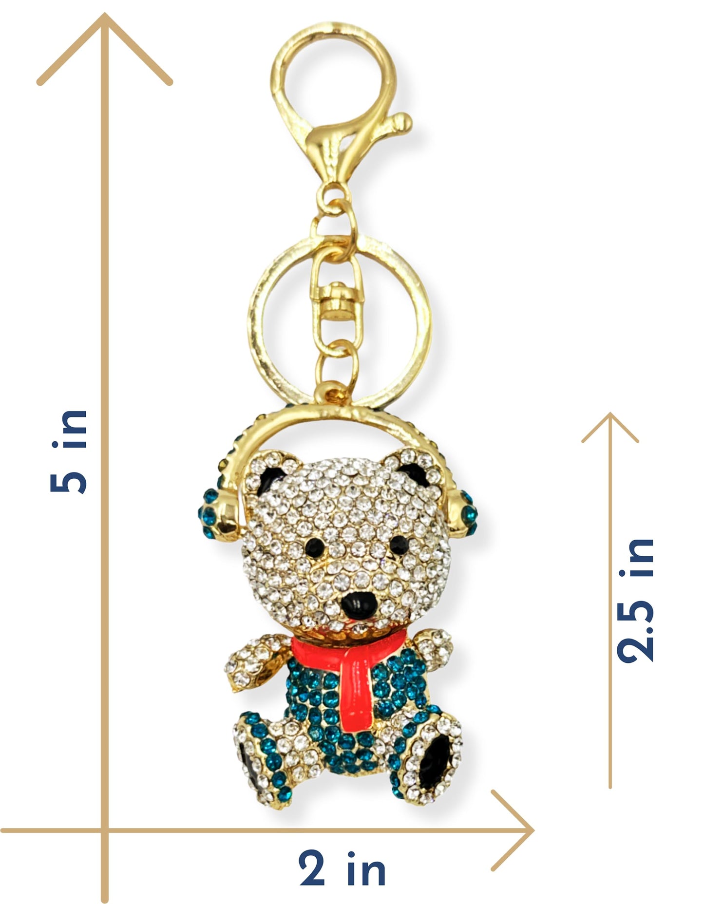 Evenchae Teddy Bear with Headphones Keychain - Rhinestones - Gold-Tone Filigree Back - Drawstring Gift Bag - 5 in Long