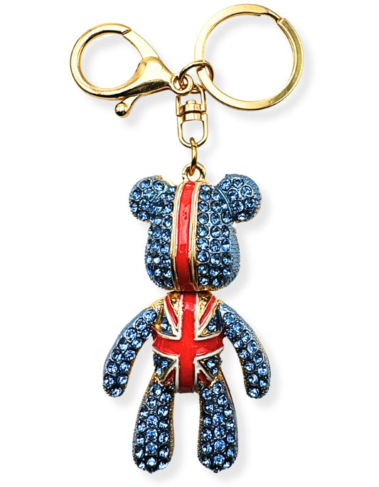 Evenchae British Teddy Bear Keychain - Blue Rhinestones - Gold-Tone Filigree Back - Drawstring Gift Bag - 4.75 in Long