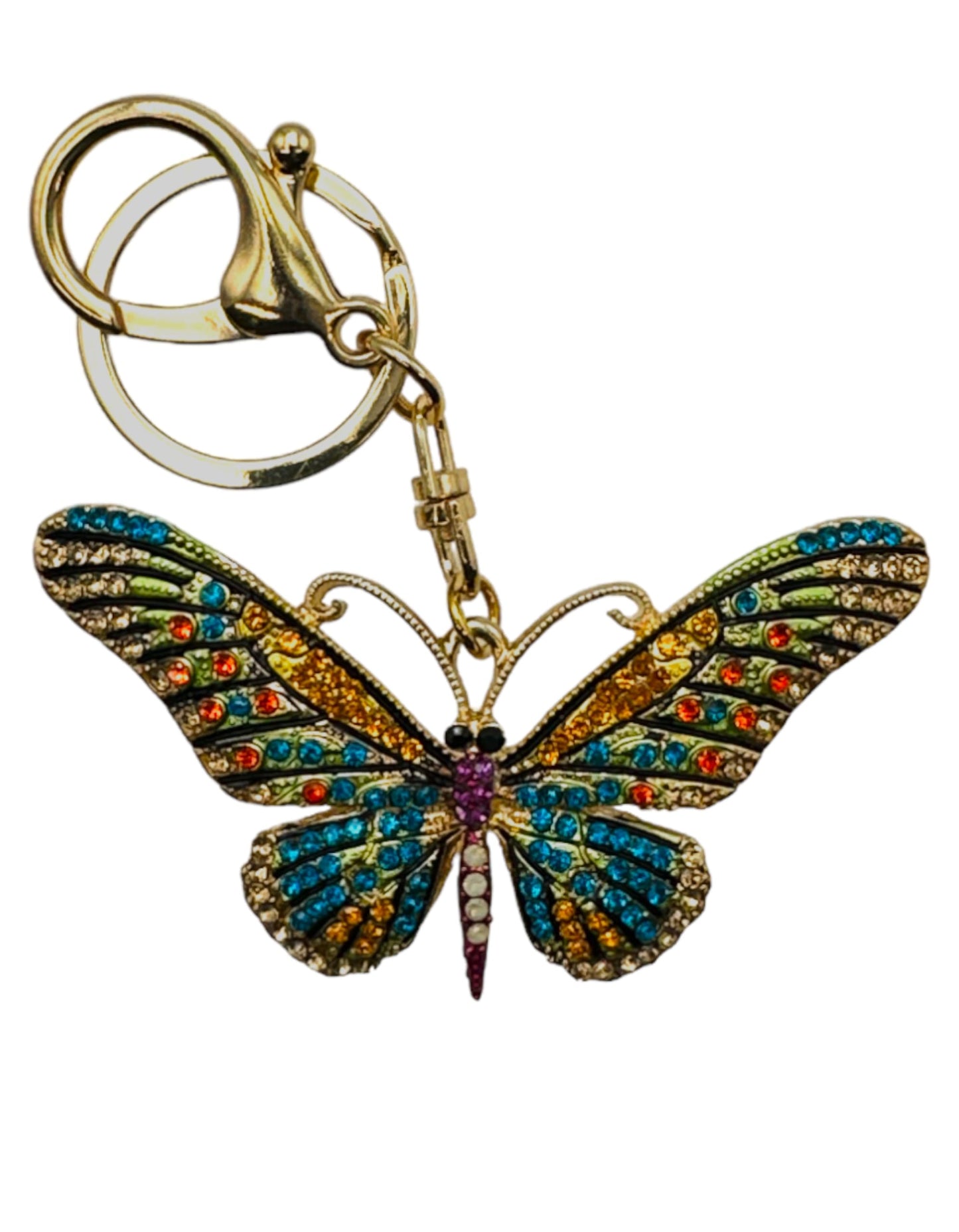 Evenchae Neon Butterfly Keychain - Inlaid with Rhinestones, Drawstring Gift Bag, Gold Solid Back - 3.5 in Long