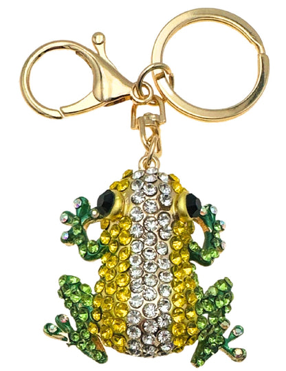 Evenchae Frog Keychain - Inlaid with Rhinestones - Gold-Tone Filigree Back - Drawstring Gift Bag - 4.5 in Long