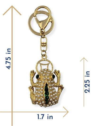 Evenchae Frog Keychain - Imitation Pearls & Rhinestones - Gold-Tone Filigree Back - Drawstring Gift Bag - 4.75 in Long