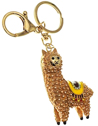 Evenchae Sparkling Llama Keychain - Rhinestones, Gold Filigreed Back, Drawstring Gift Bag - 5" Long Purse Jewelry