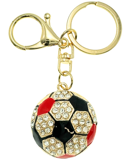 Evenchae Soccer Ball Keychain - Inlaid with Clear Rhinestones, Gold Filigree Back, Drawstring Gift Bag, 4 Inches Long