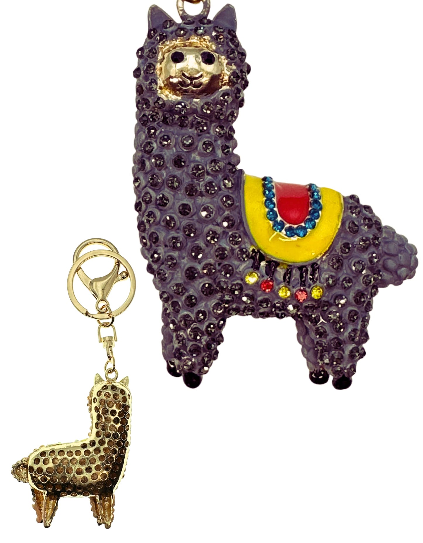 Evenchae Sparkling Llama Keychain - Rhinestones, Gold Filigreed Back, Drawstring Gift Bag - 5" Long Purse Jewelry