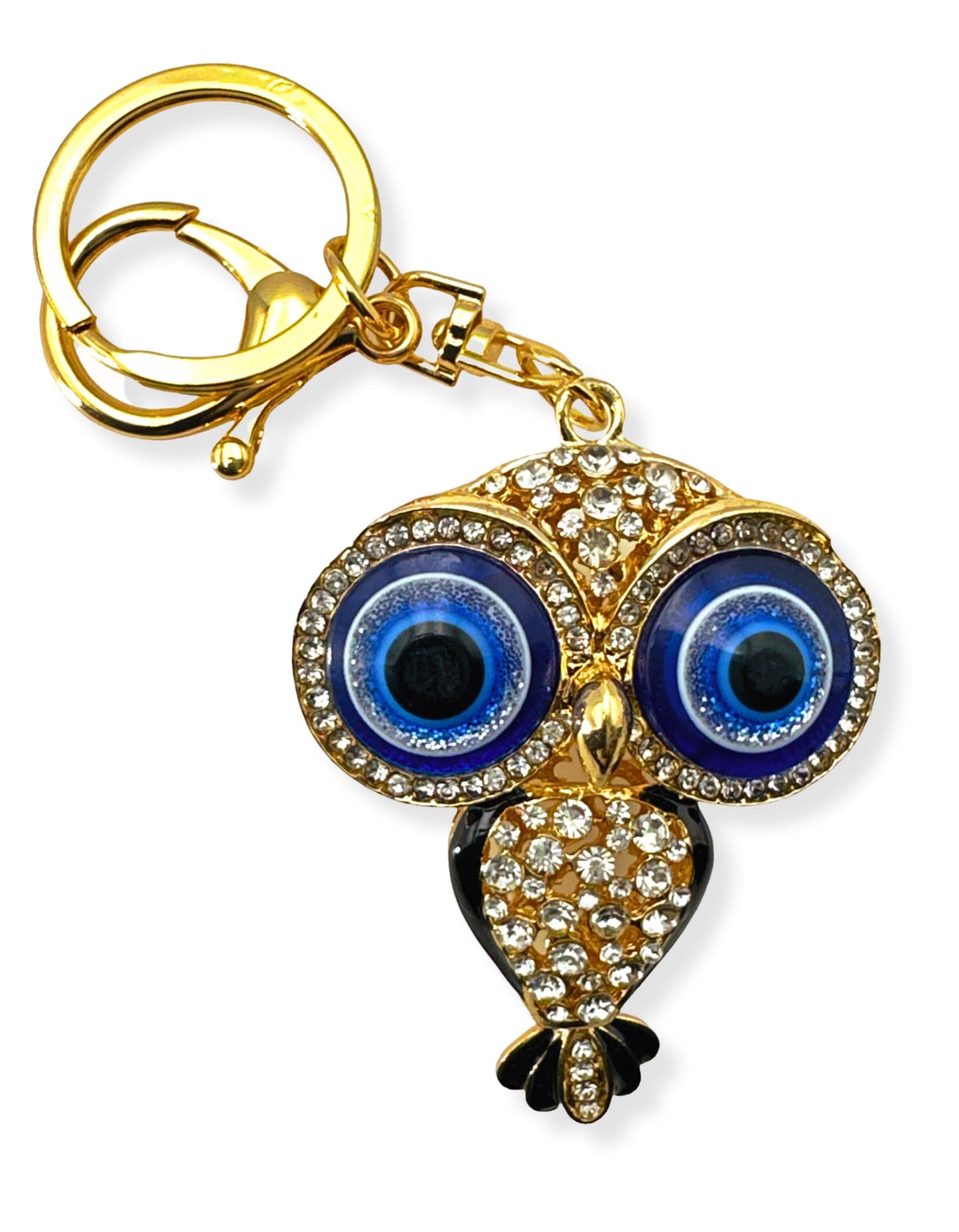 Evenchae Evil Eye Owl Keychain - Inlaid with Clear Rhinestones - Gold Filigree Back - Drawstring Gift Bag - 5 in Long