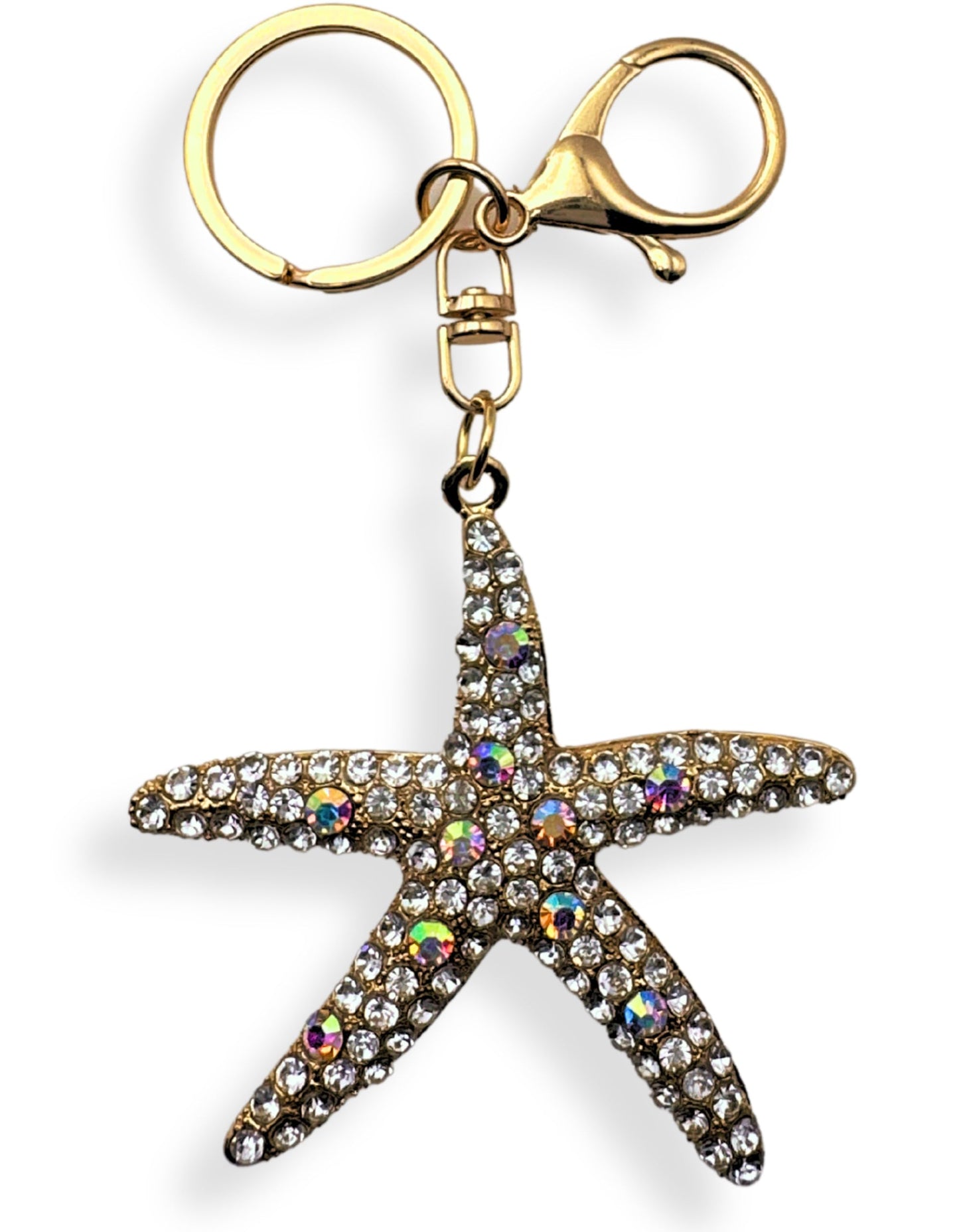 Evenchae Starfish Keychain - Inlaid with Rhinestones - Gold Filigree Back - Drawstring Gift Bag - 5 in Long