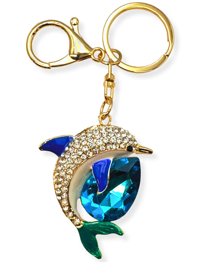 Evenchae Dolphin Keychain - Inlaid with Rhinestones - Gold Filigree Back - Drawstring Gift Bag - 4.75 in Long