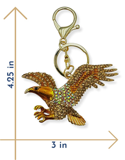 Evenchae American Eagle Keychain - Inlaid with Rhinestones - Gold Filigree Back - Drawstring Gift Bag - 4.25 in Long