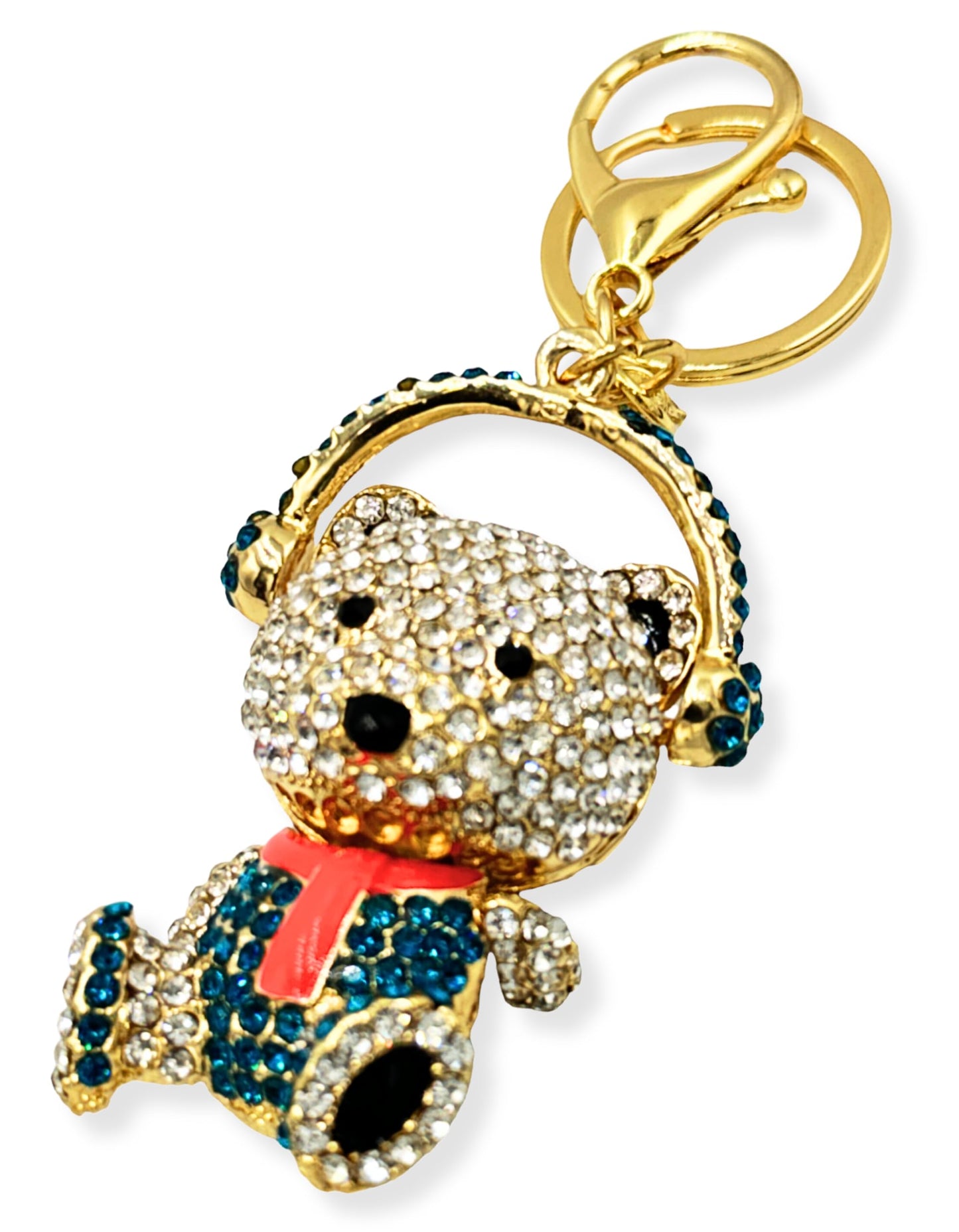 Evenchae Teddy Bear with Headphones Keychain - Rhinestones - Gold-Tone Filigree Back - Drawstring Gift Bag - 5 in Long