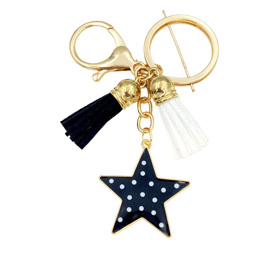 Evenchae Star & Tassels Keychain, Black & White, Purse Jewelry, Gift Bag, 4"L