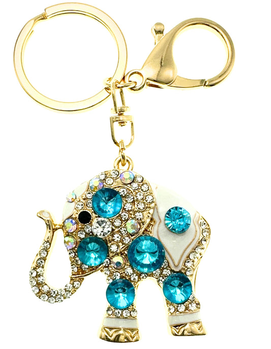 Evenchae Elephant Keychain - Inlaid with Rhinestones - Drawstring Gift Bag - Gold Filigree Back - 4.4 in Long