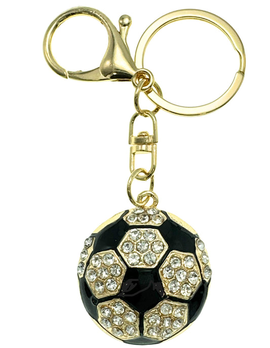 Evenchae Soccer Ball Keychain - Inlaid with Clear Rhinestones, Gold Filigree Back, Drawstring Gift Bag, 4 Inches Long