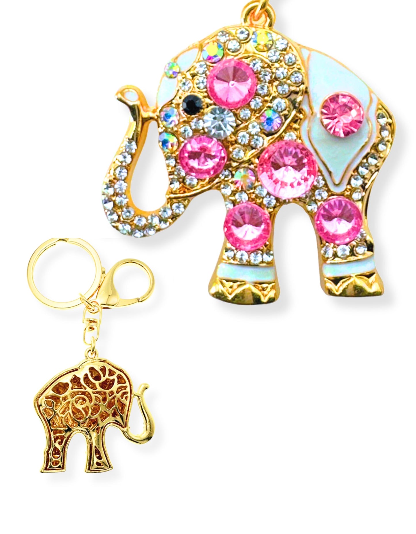 Evenchae Elephant Keychain - Inlaid with Rhinestones - Drawstring Gift Bag - Gold Filigree Back - 4.4 in Long