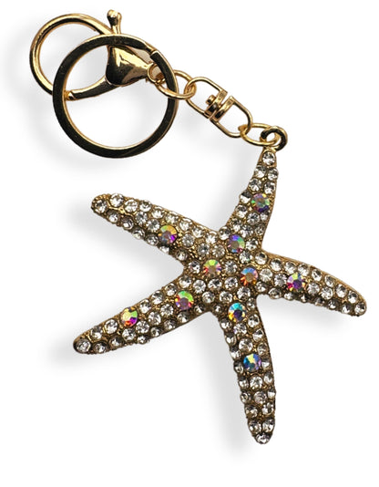 Evenchae Starfish Keychain - Inlaid with Rhinestones - Gold Filigree Back - Drawstring Gift Bag - 5 in Long