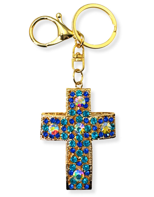 Evenchae Cross Keychain - Blue & Iridescent Rhinestones - Gold Filigree Back - Drawstring Gift Bag - 5 in Long