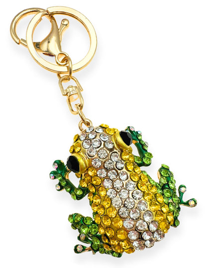 Evenchae Frog Keychain - Inlaid with Rhinestones - Gold-Tone Filigree Back - Drawstring Gift Bag - 4.5 in Long