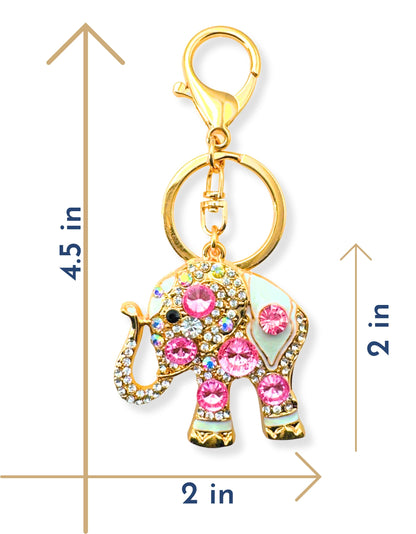 Evenchae Elephant Keychain - Inlaid with Rhinestones - Drawstring Gift Bag - Gold Filigree Back - 4.4 in Long