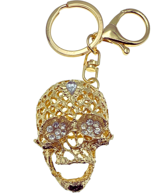 Evenchae Gold Filigree Skull Keychain - Jaw Moves - Clear Rhinestones, Drawstring Gift Bag, 4.5 In Long