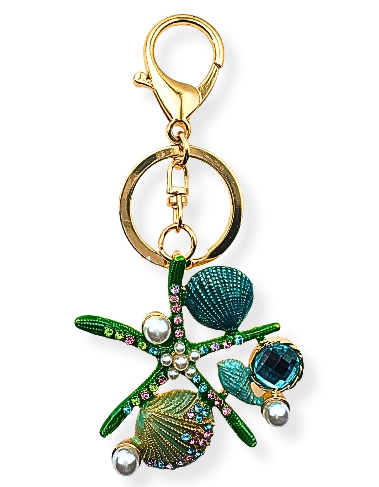 Evenchae Starfish Keychain - Imitation Pearls & Rhinestones - Drawstring Gift Bag - 4.5 in Long - Green Womens