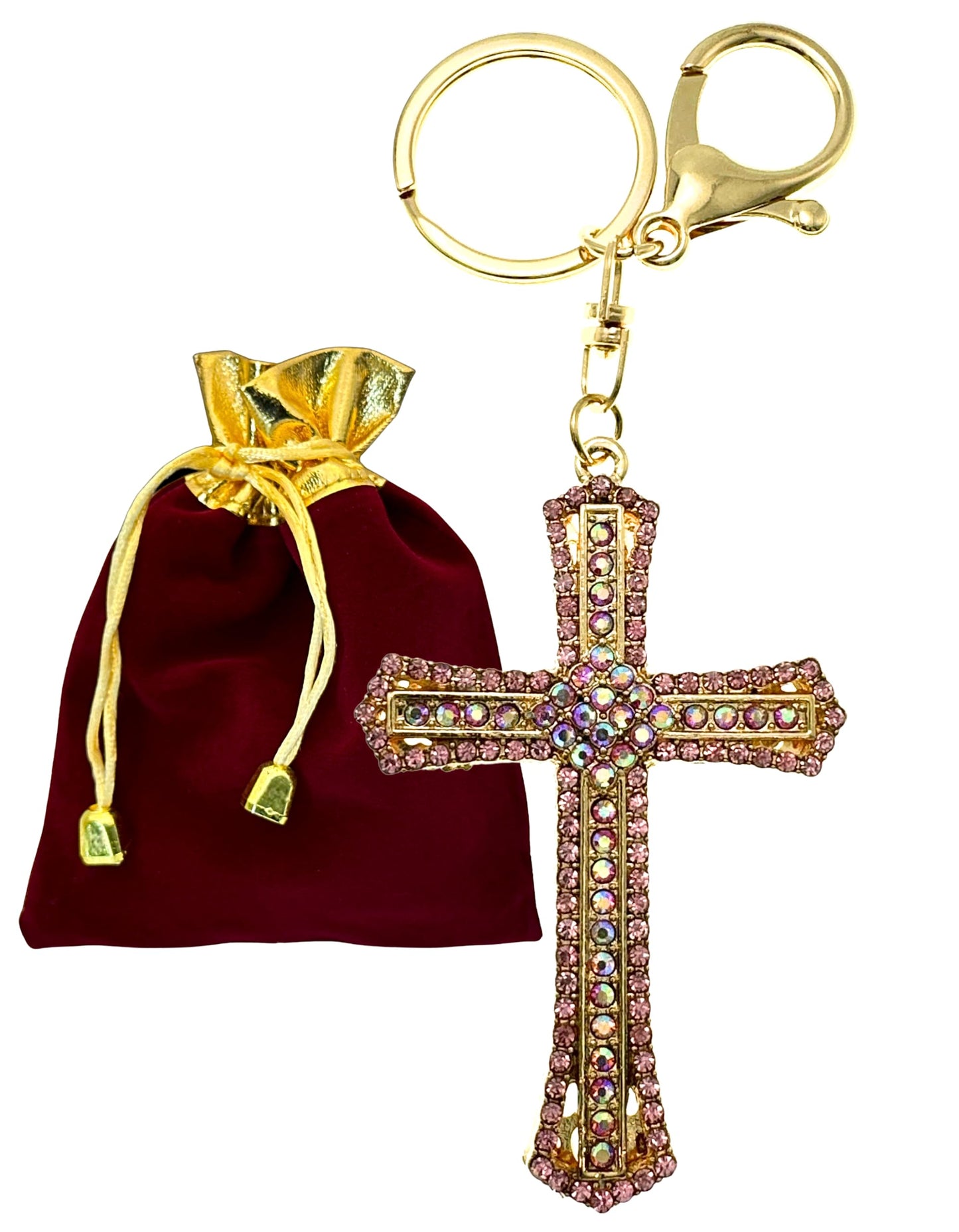 Evenchae Inlaid Cross Keychain - Rhinestones, Gold Filigree Back, Drawstring Gift Bag, 5.6 Inches Long