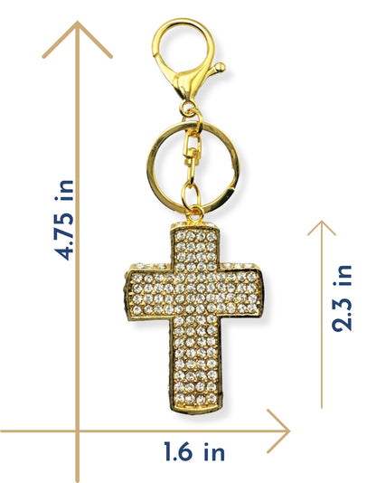 Evenchae Gold Cross Keychain - Inlaid with Clear Rhinestones - Gold Filigree Back - Drawstring Gift Bag - 4.75 in Long