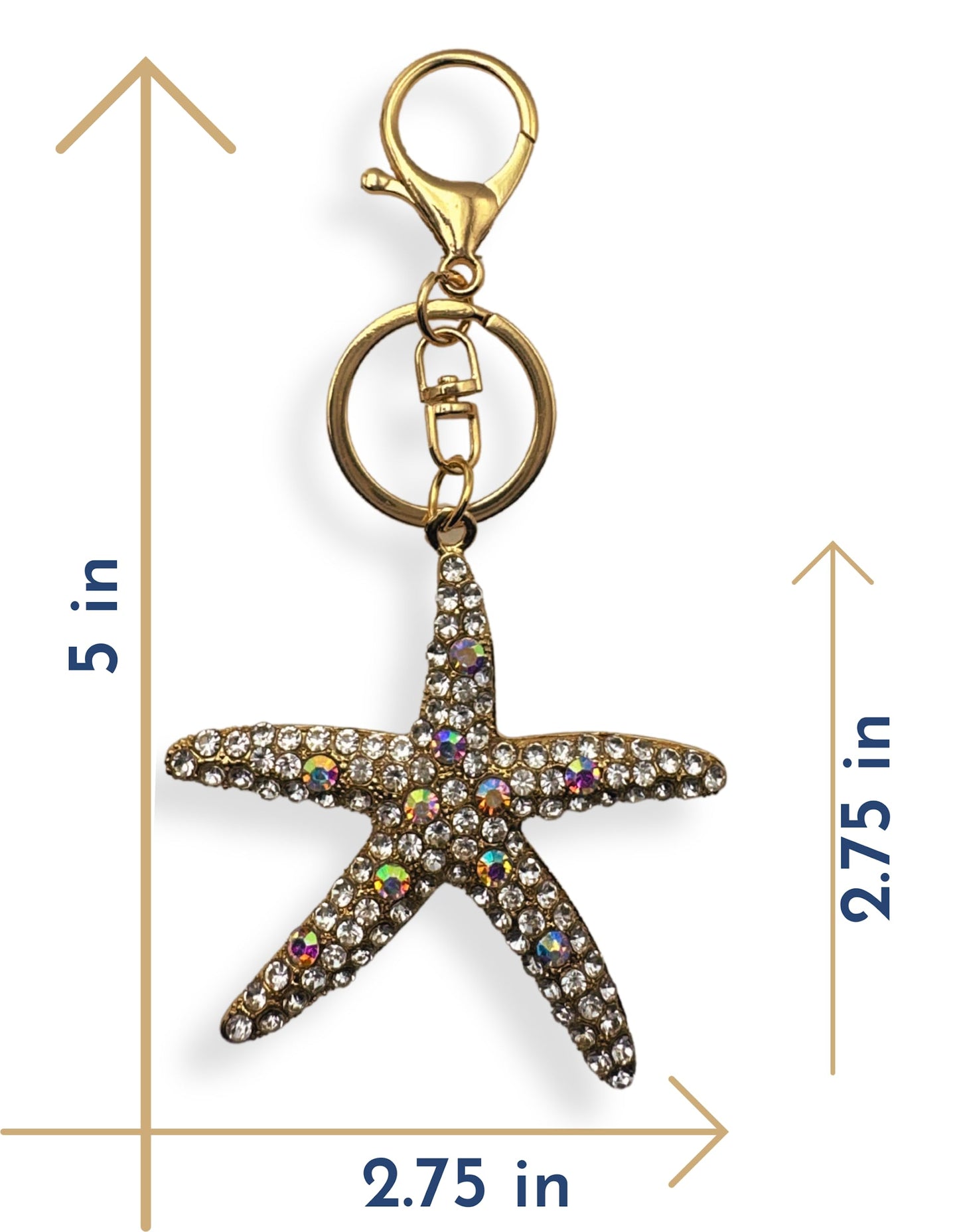 Evenchae Starfish Keychain - Inlaid with Rhinestones - Gold Filigree Back - Drawstring Gift Bag - 5 in Long