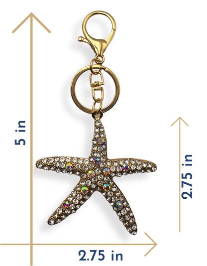 Evenchae Starfish Keychain - Inlaid with Rhinestones - Gold Filigree Back - Drawstring Gift Bag - 5 in Long