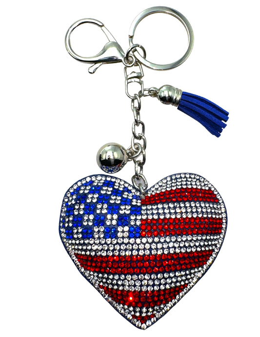 Evenchae American Flag Keychain - US United States - Rhinestone Heart - Plush Back - Drawstring Gift Bag, 6.25 in Long