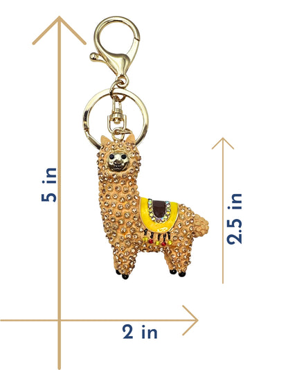 Evenchae Sparkling Llama Keychain - Rhinestones, Gold Filigreed Back, Drawstring Gift Bag - 5" Long Purse Jewelry