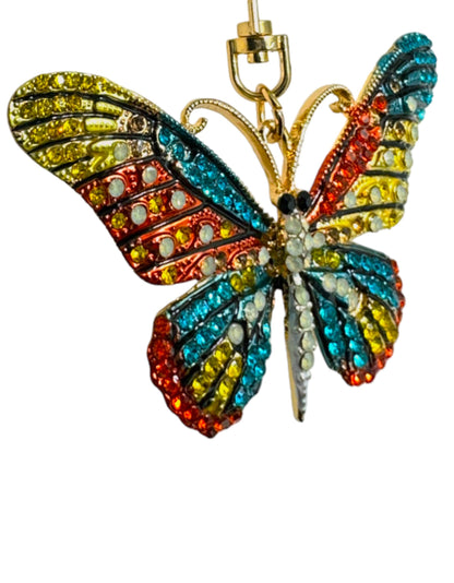 Evenchae Neon Butterfly Keychain - Inlaid with Rhinestones, Drawstring Gift Bag, Gold Solid Back - 3.5 in Long