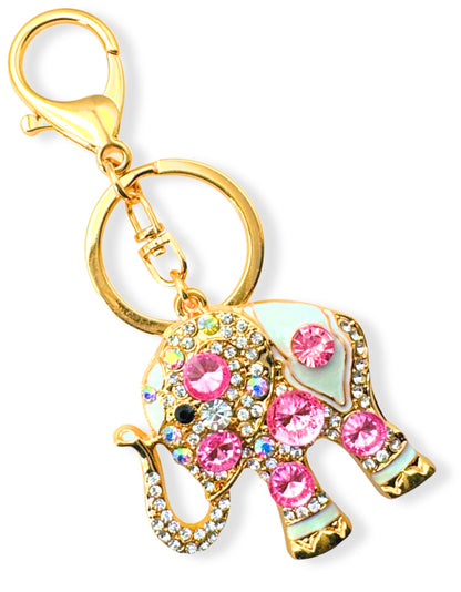 Evenchae Elephant Keychain - Inlaid with Rhinestones - Drawstring Gift Bag - Gold Filigree Back - 4.4 in Long