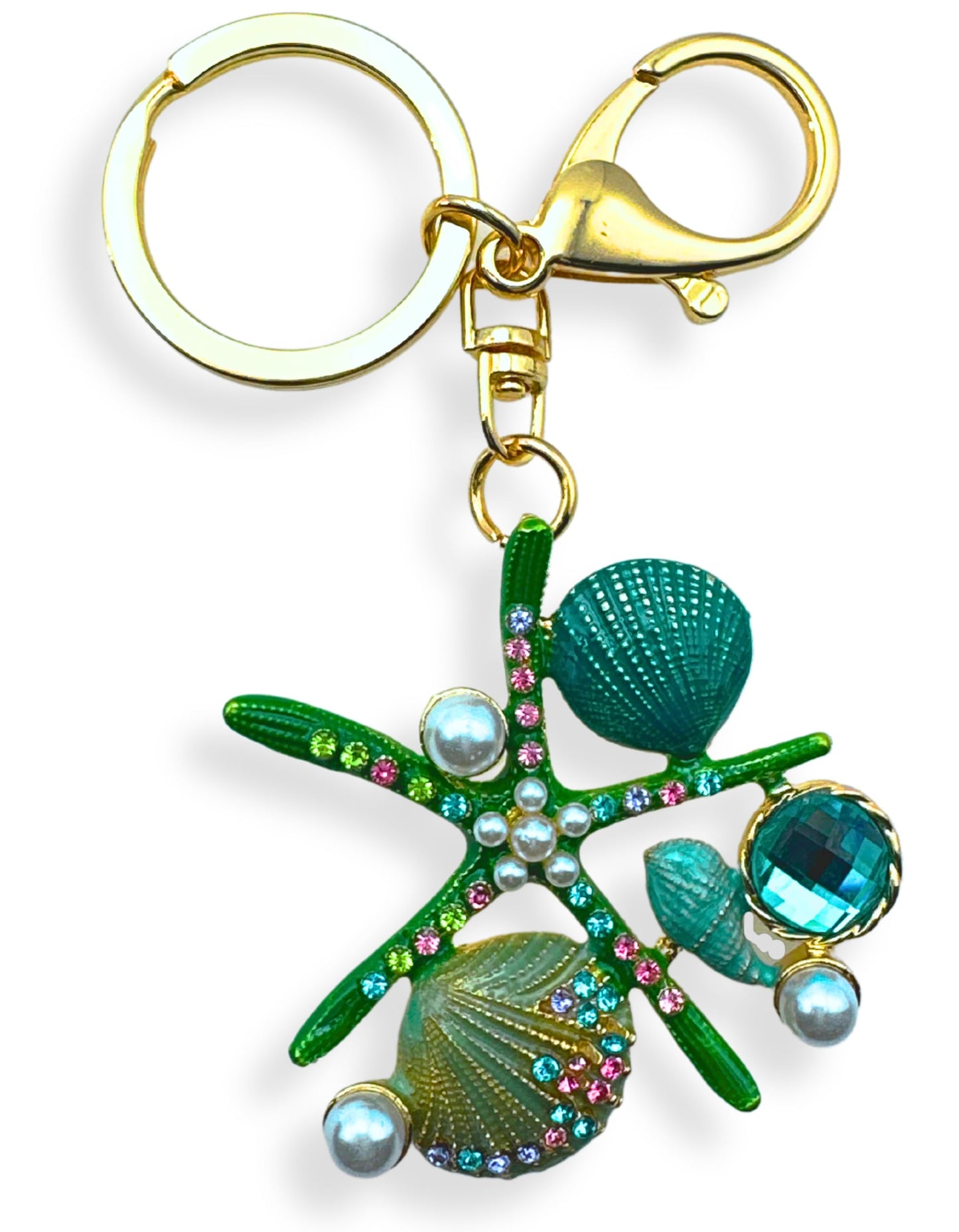 Evenchae Starfish Keychain - Imitation Pearls & Rhinestones - Drawstring Gift Bag - 4.5 in Long - Green Womens