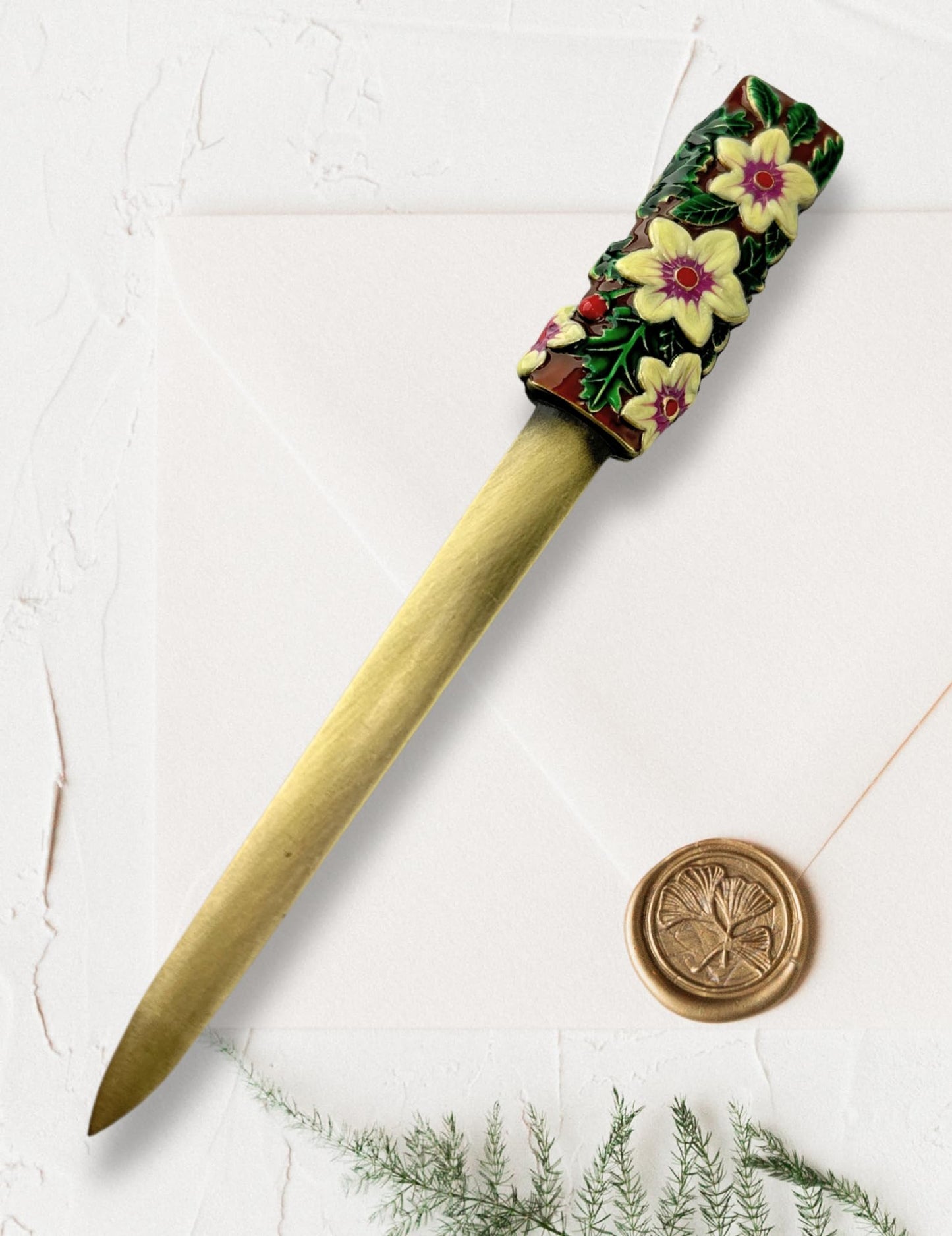 Evenchae Christmas Letter Opener with Enameled Holly & Poinsettias - Gift Box - 5.75 in Long