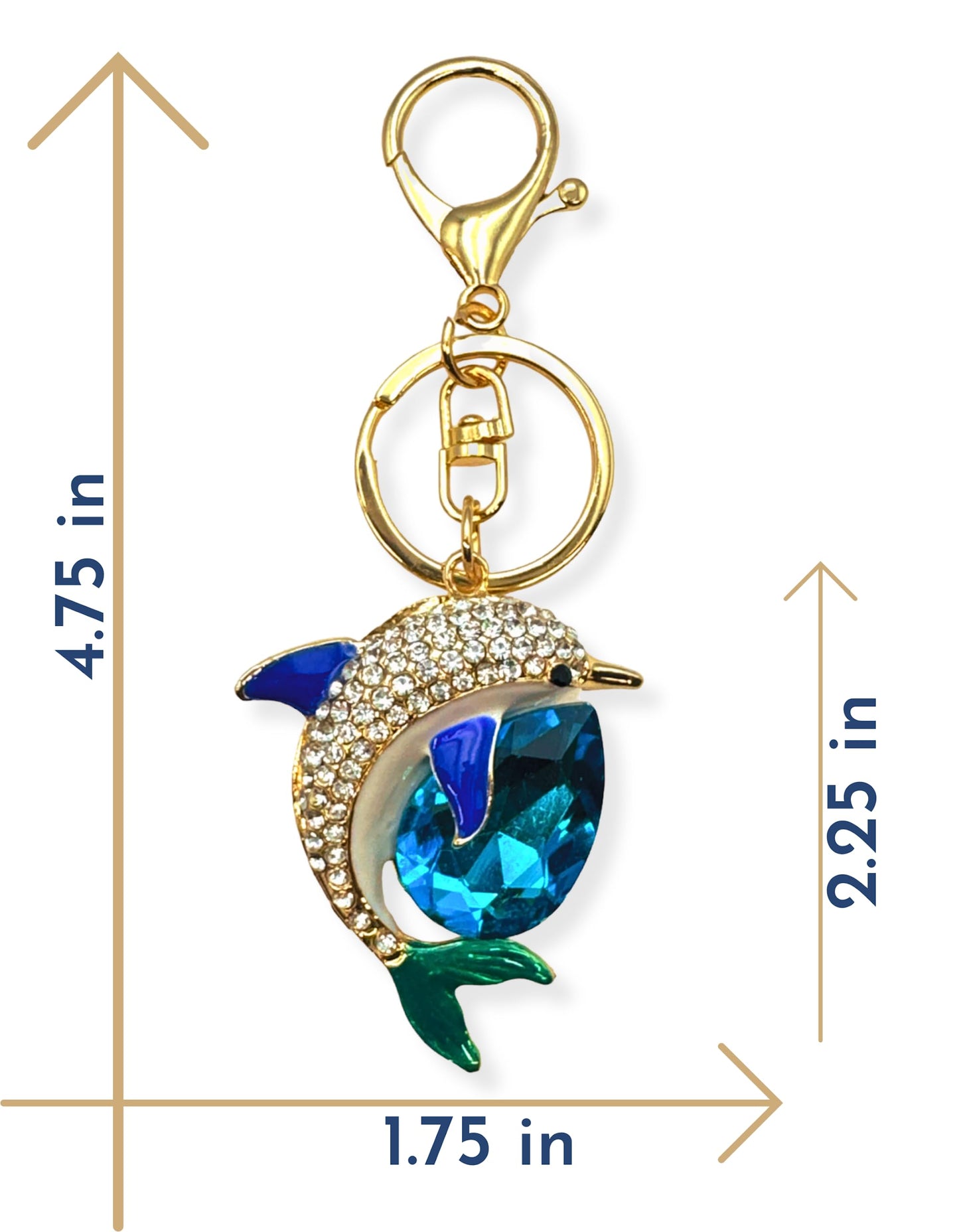 Evenchae Dolphin Keychain - Inlaid with Rhinestones - Gold Filigree Back - Drawstring Gift Bag - 4.75 in Long