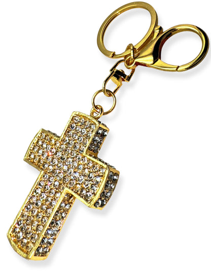 Evenchae Gold Cross Keychain - Inlaid with Clear Rhinestones - Gold Filigree Back - Drawstring Gift Bag - 4.75 in Long