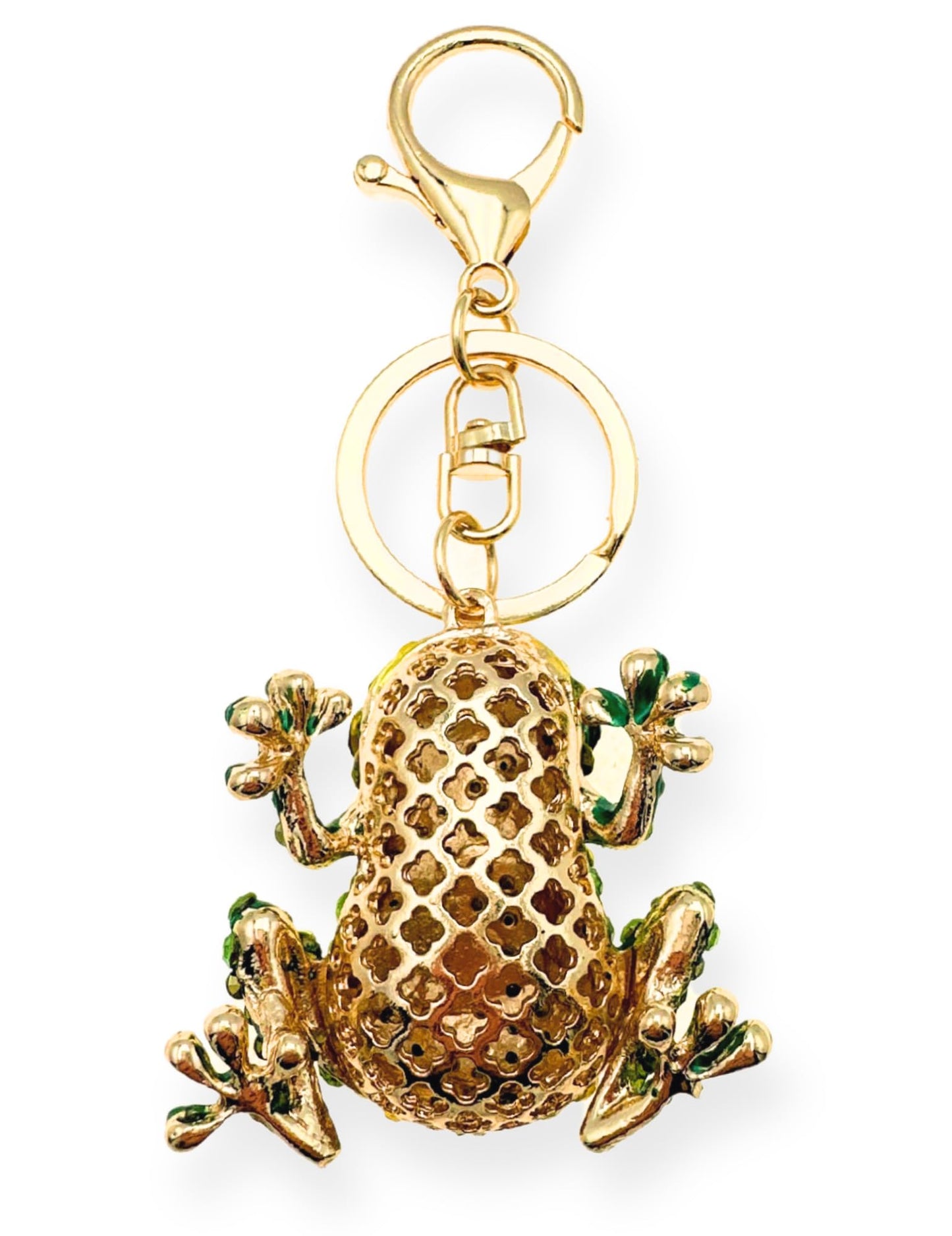 Evenchae Frog Keychain - Inlaid with Rhinestones - Gold-Tone Filigree Back - Drawstring Gift Bag - 4.5 in Long