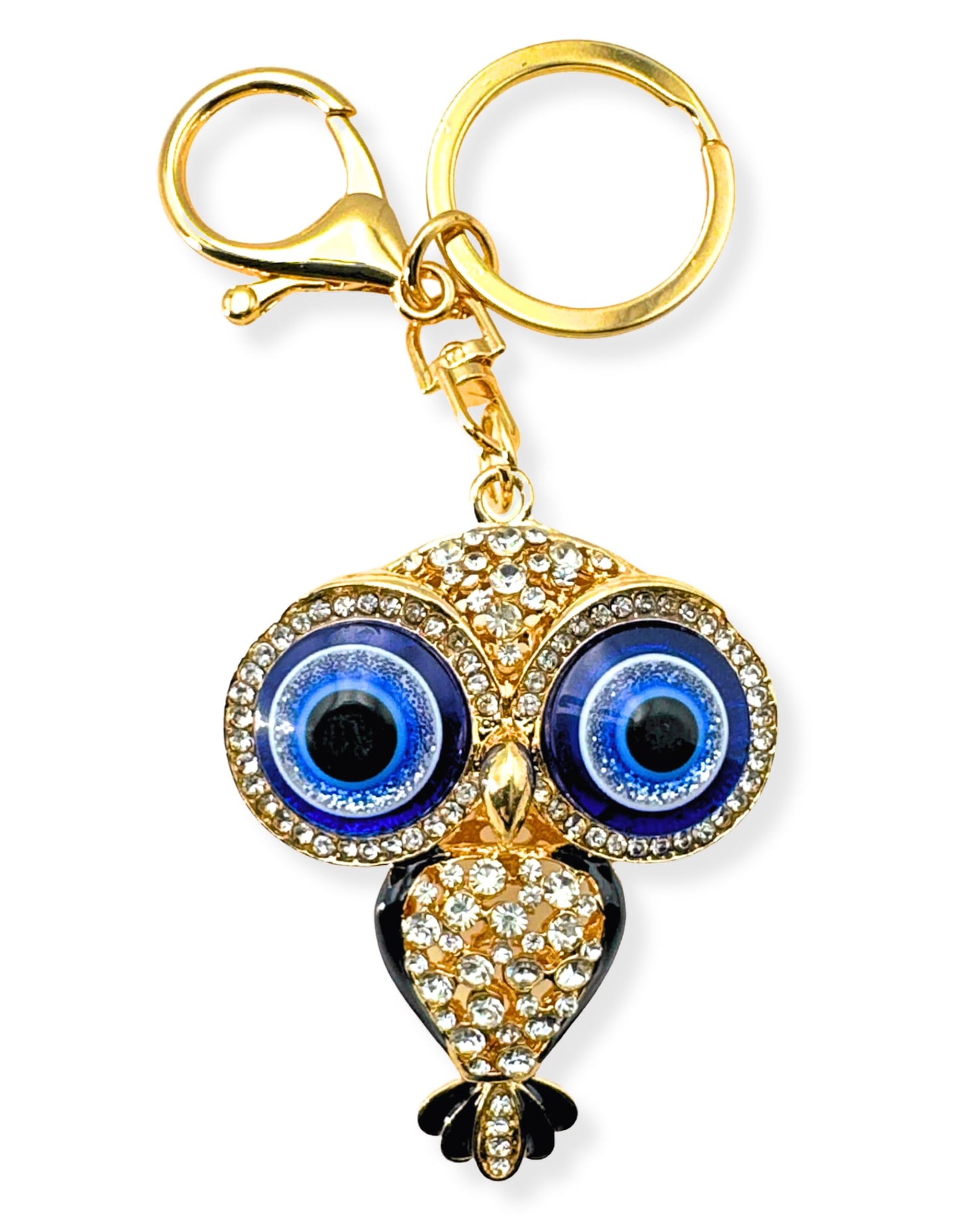 Evenchae Evil Eye Owl Keychain - Inlaid with Clear Rhinestones - Gold Filigree Back - Drawstring Gift Bag - 5 in Long