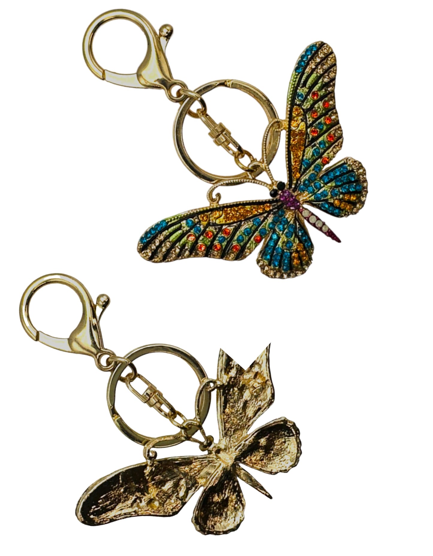 Evenchae Neon Butterfly Keychain - Inlaid with Rhinestones, Drawstring Gift Bag, Gold Solid Back - 3.5 in Long