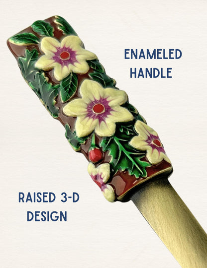 Evenchae Christmas Letter Opener with Enameled Holly & Poinsettias - Gift Box - 5.75 in Long