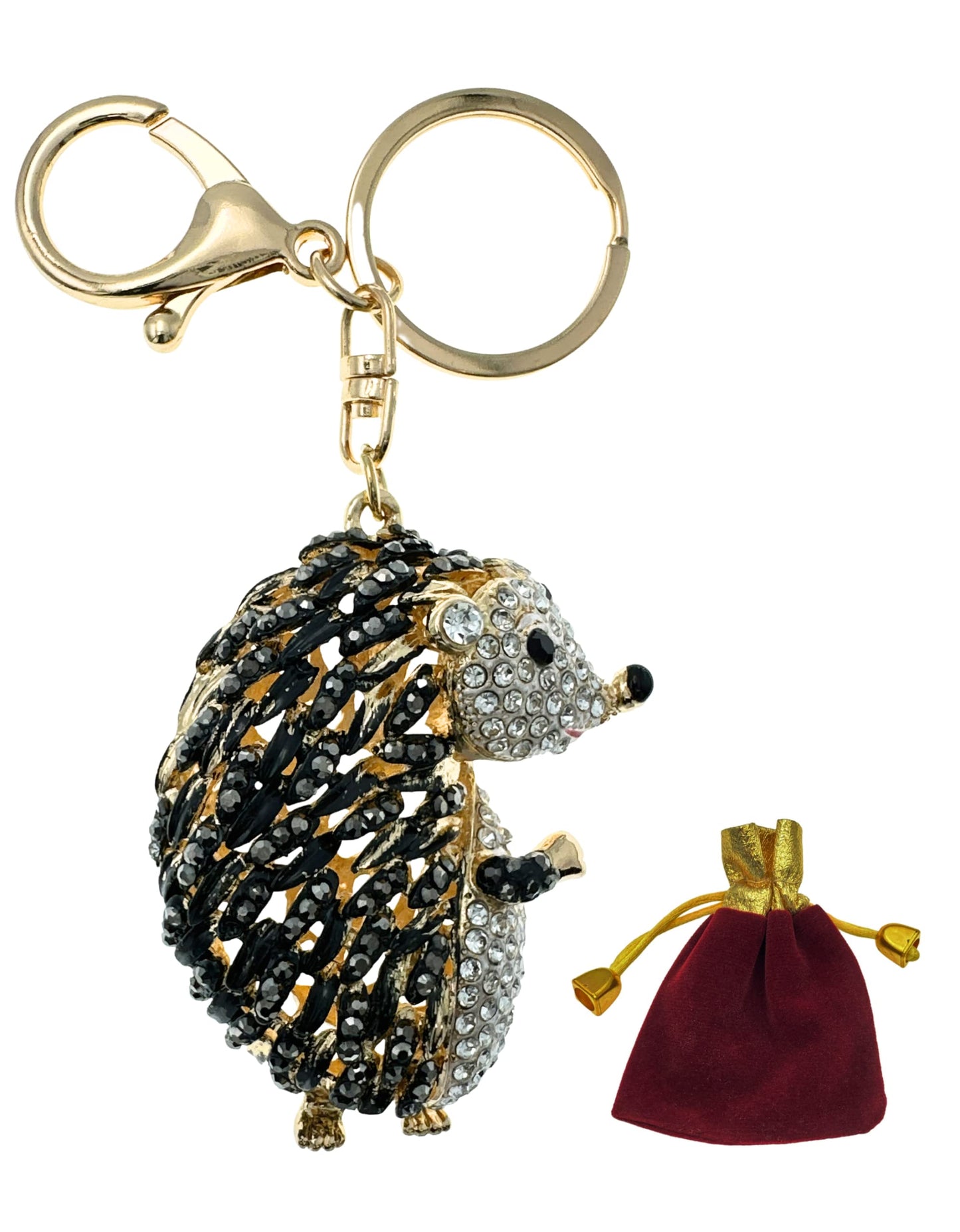 Evenchae Hedgehog Rhinestone Keychain with Drawstring Gift Bag, Filigreed Gold Back - 5 In Long Purse Jewelry