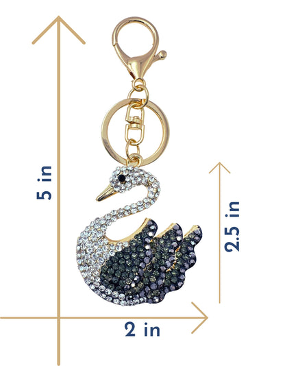 Evenchae Elegant Swan Keychain - Rhinestones, Filigreed Gold Back, Drawstring Gift Bag - 5 In Long Purse Jewelry