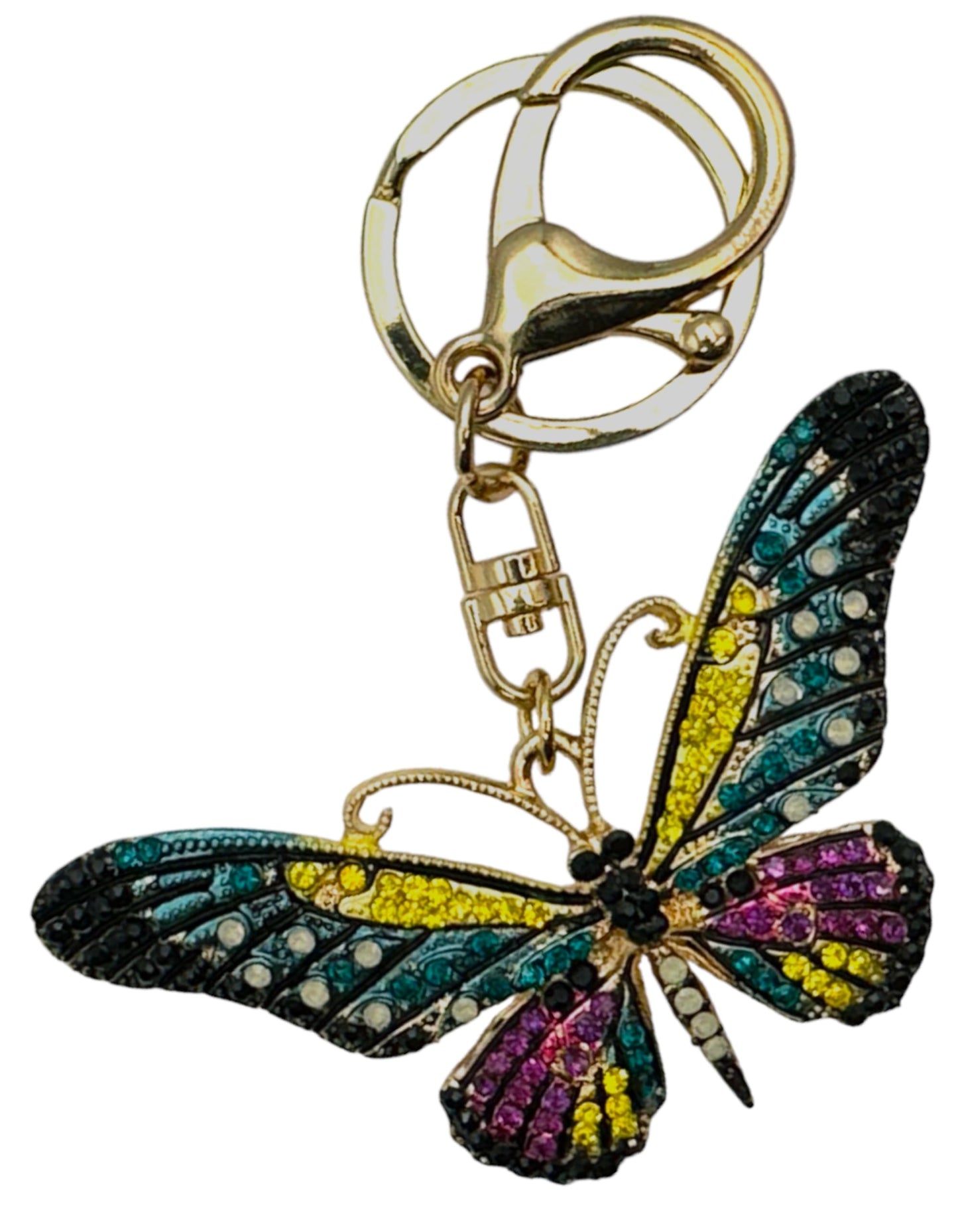 Evenchae Neon Butterfly Keychain - Inlaid with Rhinestones, Drawstring Gift Bag, Gold Solid Back - 3.5 in Long